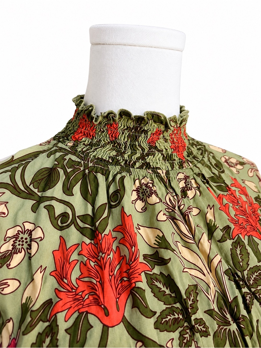Boho Botanical Floral Smocked Waist Midi Dress Cottagecore Prairie Olive XS - Picture 3 of 7